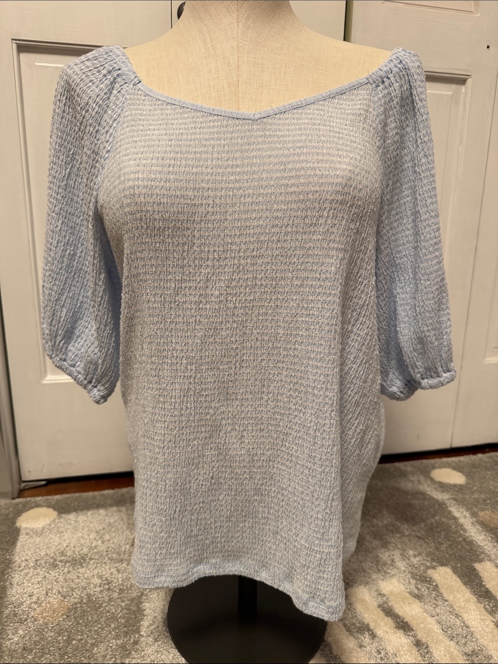 LOFT Pale Blue Textured Scoop-Neck Blouse with Bubble Sleeves